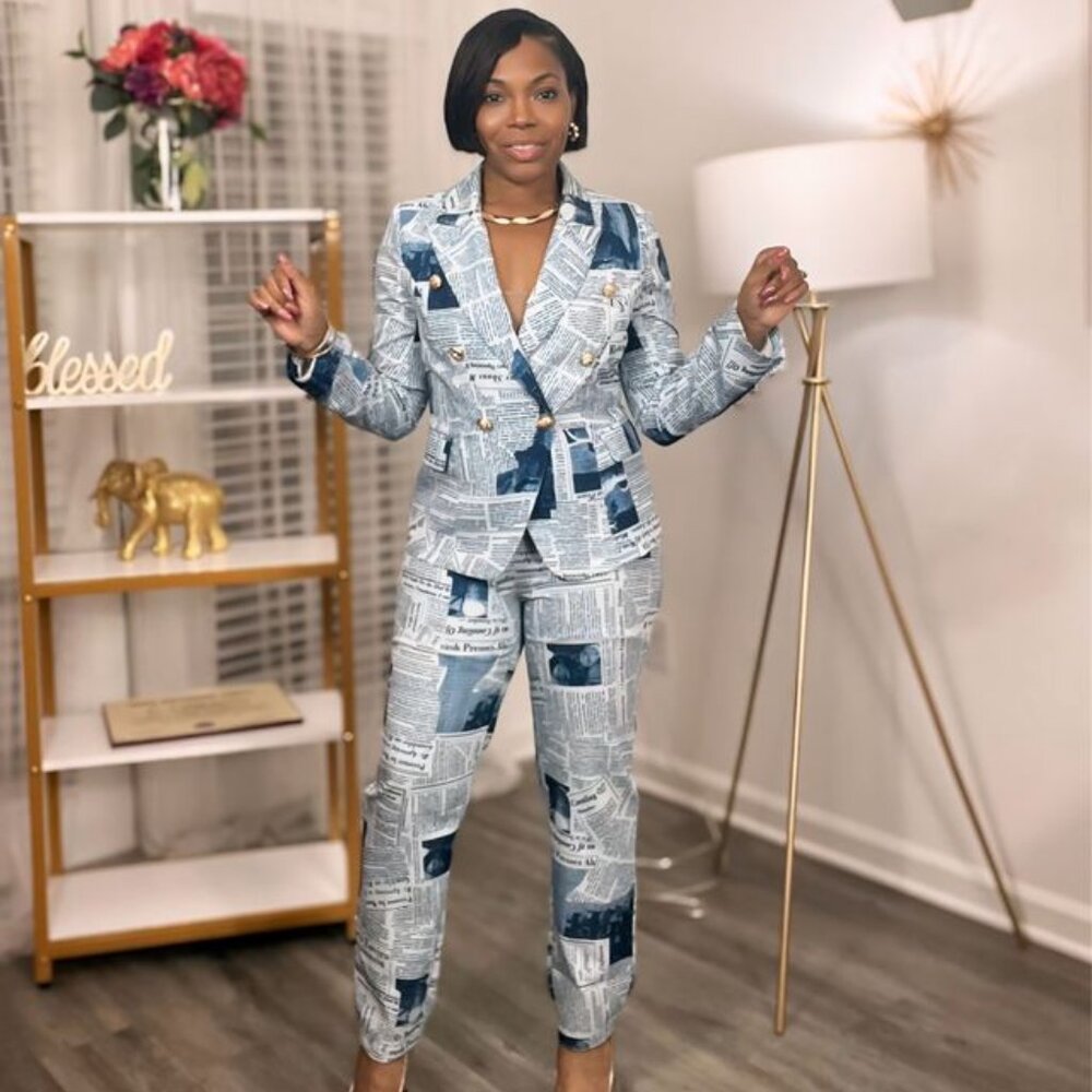 Navy Blue & White Newspaper Print Pant Suit